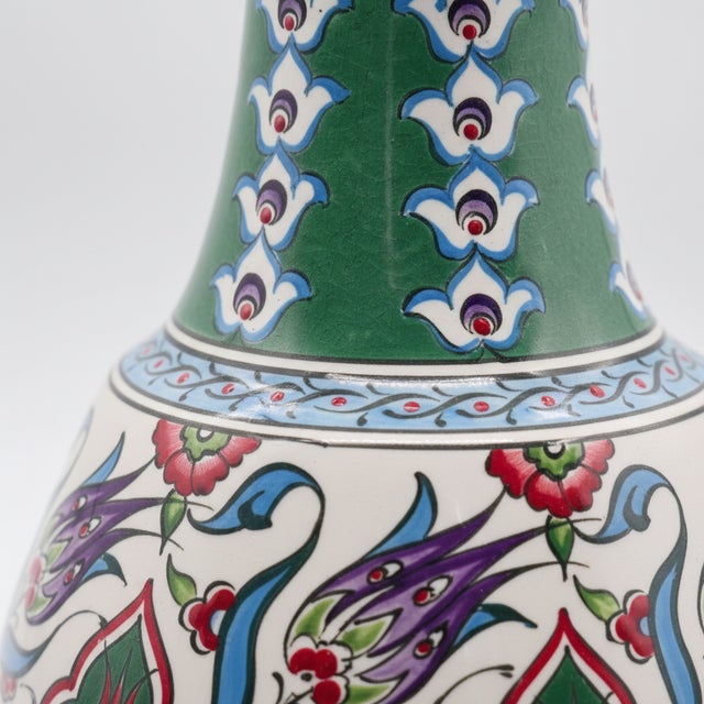 Mediterranean Handmade Ceramic “Gonca” Vase (25cm) – Emerald Green Neck & Tulip Garden Pattern – Mediterranean Home Decor For Sale - Image 3 of 7