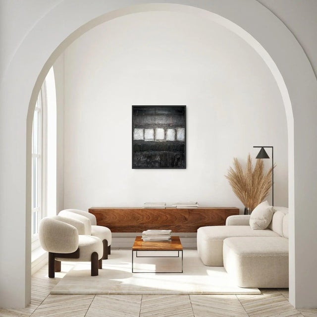 Black # 24" X H 28" Black and White Abstract Geometric Minimalist High-End Oil on Canvas For Sale - Image 8 of 9