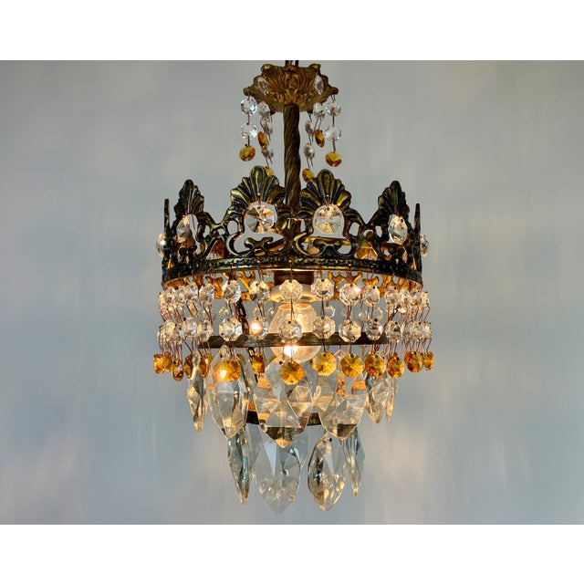 Rare Vintage Brass Crystal Chandelier | 1960s | Amber & Clear Crystal Pendant Light For Sale - Image 11 of 16