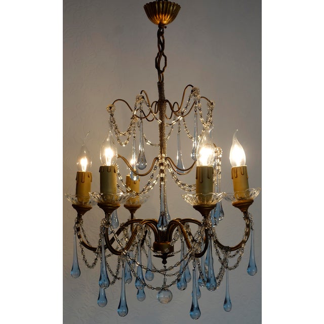 Antique Gilded Metal Murano Glass Drop Six-Light Chandelier, 1930s For Sale - Image 10 of 14