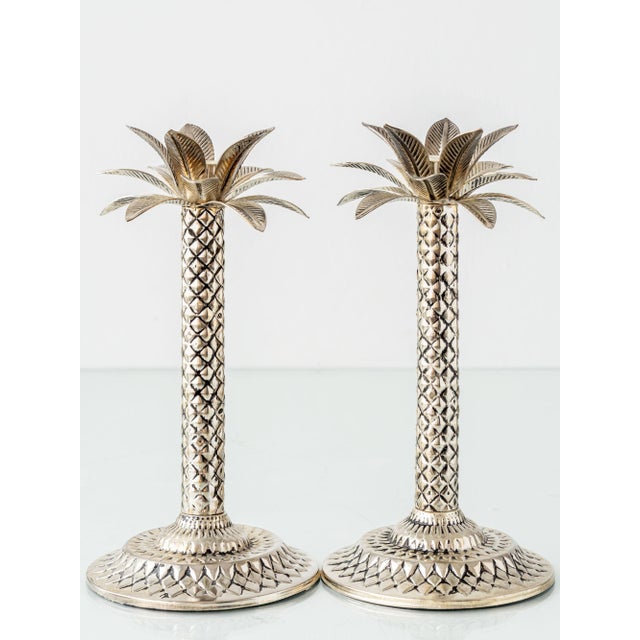 Silver Vintage Hollywood Regency Palm Beach Silvered Metal Palm Tree Candlesticks, Set of 2 For Sale - Image 8 of 8
