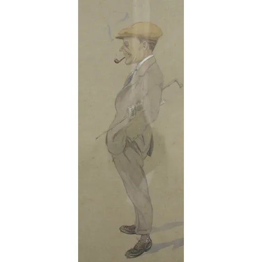 Charming watercolour depicting a 'rakish gent' with pipe/ cap/ & stick by W L. Mots 1914! Image Sz: 10 5/8"H x 6 1/8"W