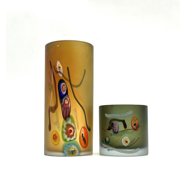 Contemporary Postmodern Cylindrical Vases in Vetro Satinato with Millefiori Murrine, Murano, 1980s, Set of 2 For Sale - Image 3 of 18