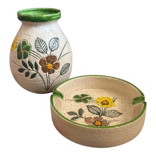 Aldo Londi Large Floral Vase With Matching Large Ashtray For Sale