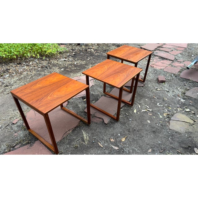 Mid-Century Modern 1960s Kai Kristiansen Danish Mid Century Modern Teak Interlocking Cube Trio Nesting Tables For Sale - Image 3 of 7
