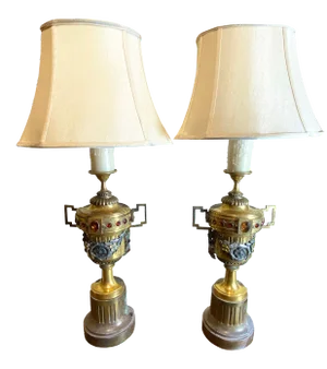 Gilt Metal Urns With Jewels and Swags Table Lamps - a Pair