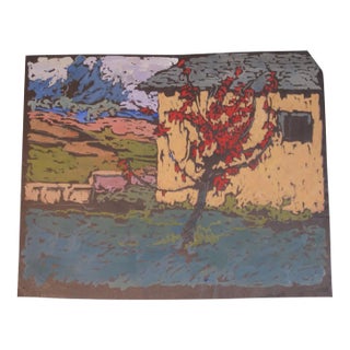 Mid 20th Century Annita Delano "Tree in Red Leaf, Yellow House" Modern Gouache Painting on Black Paper For Sale