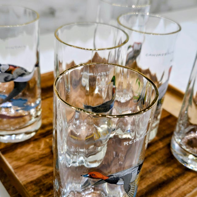 Mid 20th Century Vintage Ned Smith Waterfowl Series Highball Glasses Set of 6 - 22k Gold Rim Crinkle Textured For Sale - Image 5 of 13