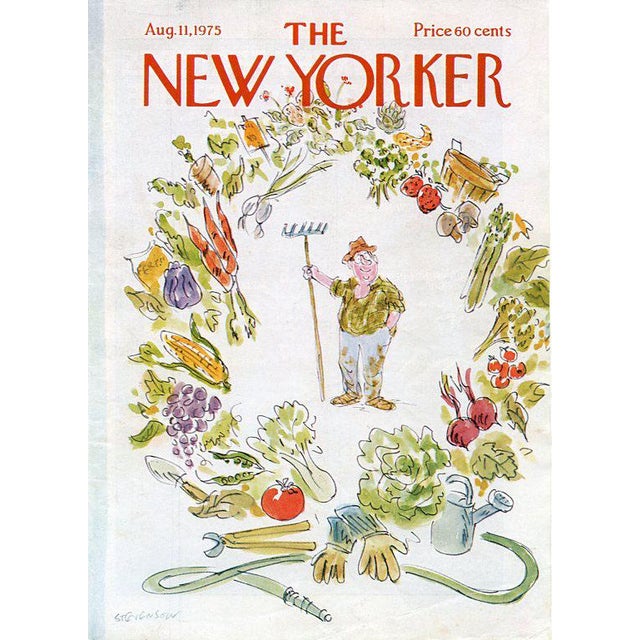 Original early New Yorker magazine cover dated August 11, 1975 featuring a Vegetable Garden theme. Based on an...