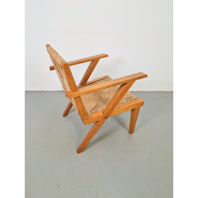 Dutch Modernist Brutalist Wooden Armchair with Rush Seat, 1940s For Sale - Image 6 of 12