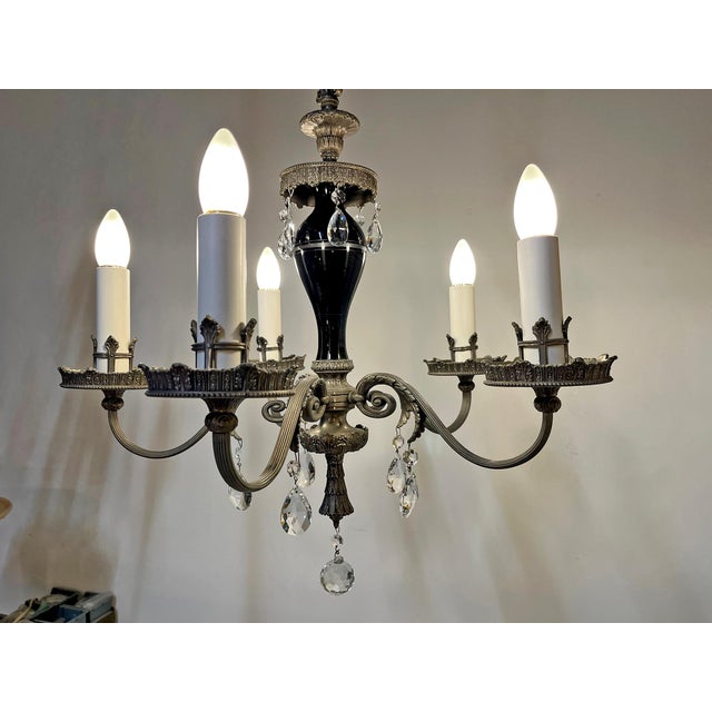 Antique Five-Arm Metal, Black Glass and Crystal Chandelier For Sale - Image 14 of 15