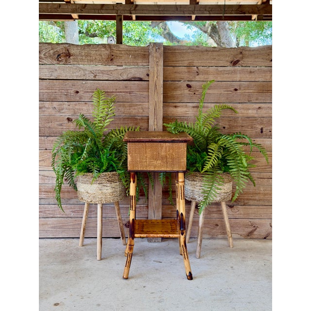Late 19th Century Restored Scorched Bamboo Sewing Stand With Woven Rattan Top For Sale - Image 11 of 11