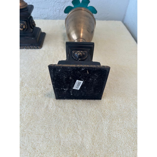 Metal Pair of Vintage Brass Urn Style Candle Holders Palm Tree Style For Sale - Image 7 of 8