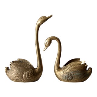 Vintage Brass Swans Indoor Planters Pair For Sale