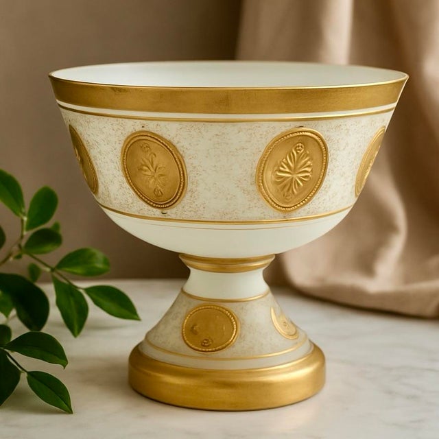 Elegant vintage Imperlux Bohemian glass pedestal bowl that features softly satin-finished white glass adorned with raised...