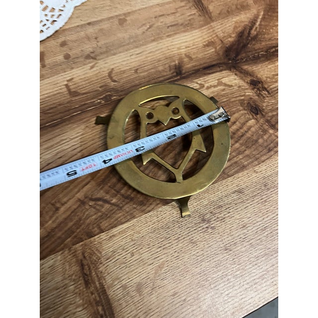 Mid-Century Modern 1970s Small Brass Owl Heart Round Trivet For Sale - Image 3 of 4