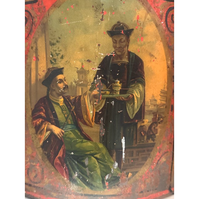 Late 18th Century Antique Maracaibo Tea Caddy Hand-Painted Tin Toleware Scenic Front For Sale - Image 5 of 11