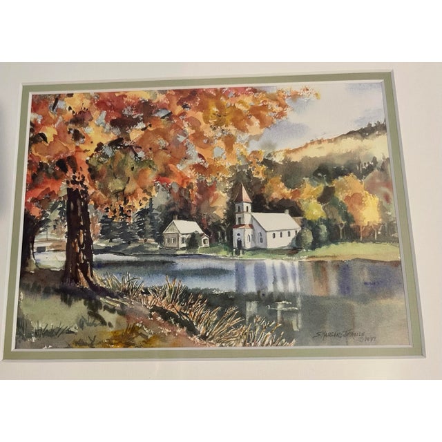 Boho Chic 1997 Watercolor by Susan Mangano Thirolle of a Small Church & a House by the Water in Autumn For Sale - Image 3 of 8