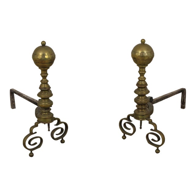 Pair Antique Brass 18th C. Style Andirons For Sale