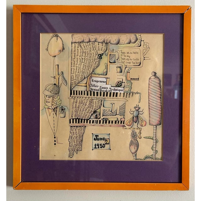 Vintage 1950’s surrealist drawing / watercolor. It is dated June 2, 1950 at the bottom. It depicts a man to the left and...