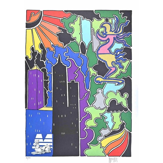 Contemporary Antonio Cremonese, Abstract Urban Landscape, Lithograph, 1980s For Sale - Image 3 of 3