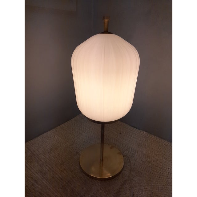 Satin Brass & Large Ribbed Milky Glass Floor Lamp For Sale - Image 14 of 17