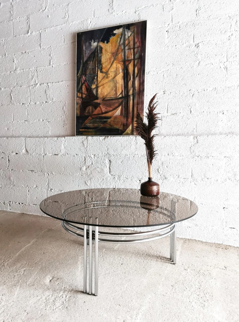 Vintage Space Age Round Coffee Table in Chrome and Glass, 1970s