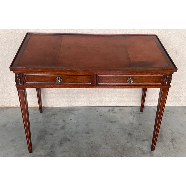 French Empire Style Mahogany Bronze Mounted Writing Desk, Leather Top Circa 1940 For Sale - Image 4 of 12
