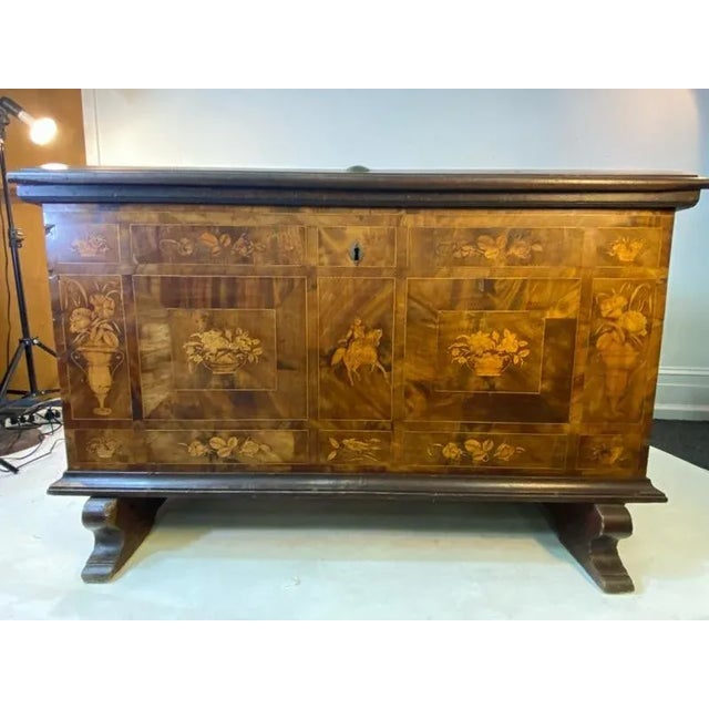 Inlaid Wooden Italian Chest Decorated With Scenic Front Of Lovely Woman On Horse Center Flanked By Flowers In Baskets,...