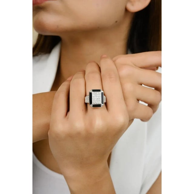 1.5mm Round Diamond Cluster Ring With Black Enamel Size 7 Gift for Him For Sale - Image 4 of 13
