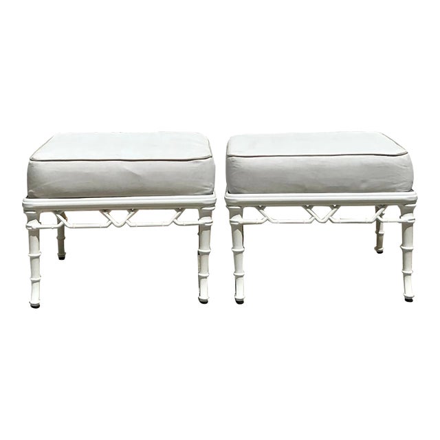 Vintage Coastal Brown Jordan “Calcutta” Aluminum Ottomans - A Pair For Sale