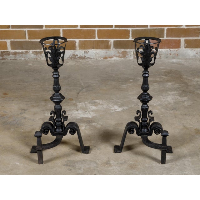 Pair of English Turn of the Century Iron Andirons with Foliage and Guilloches For Sale - Image 11 of 11