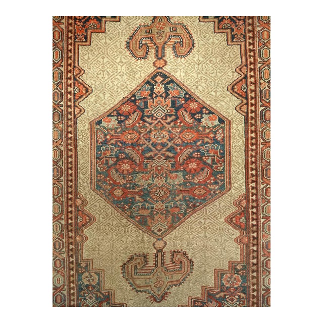 Antique Persian Serab Runner Rug, Hand-Knotted Wool, Geometric Medallion Pattern, Camel & Red, 4x11 For Sale