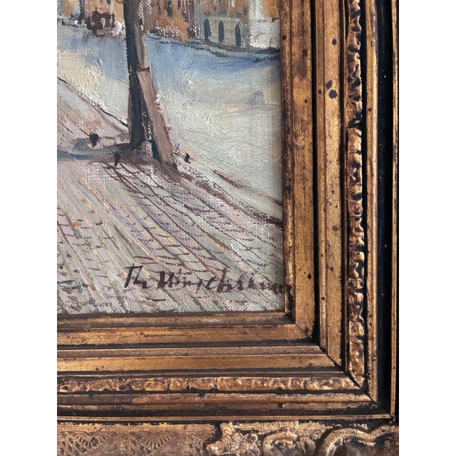 This original vintage oil painting by Danish artist Theodor Ulrichsen, created around 1950, shows a lively harbour with...