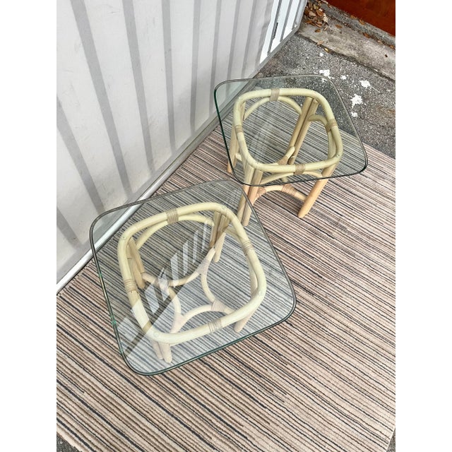 Vintage Coastal Style Rattan Glass-Top Side Tables -A Pair For Sale In Miami - Image 6 of 11