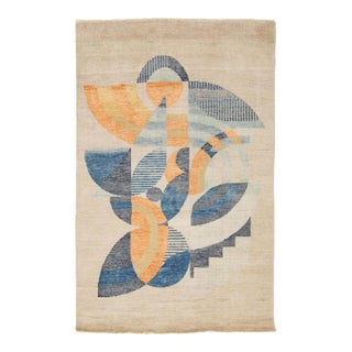 Art Deco Modern Abstract Geometric Wool Area Rug (5x8) in Beige For Sale