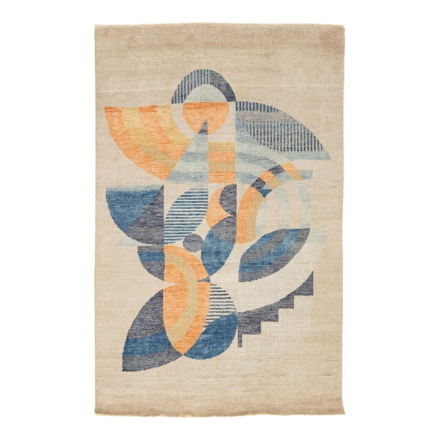Art Deco Modern Abstract Geometric Wool Area Rug (5x8) in Beige For Sale