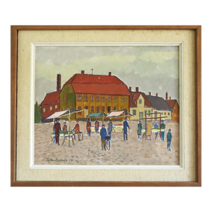 1957 Mid-Century Modern 'Market Day in the Square' Vintage Original Street Scene Landscape Oil Painting, Framed