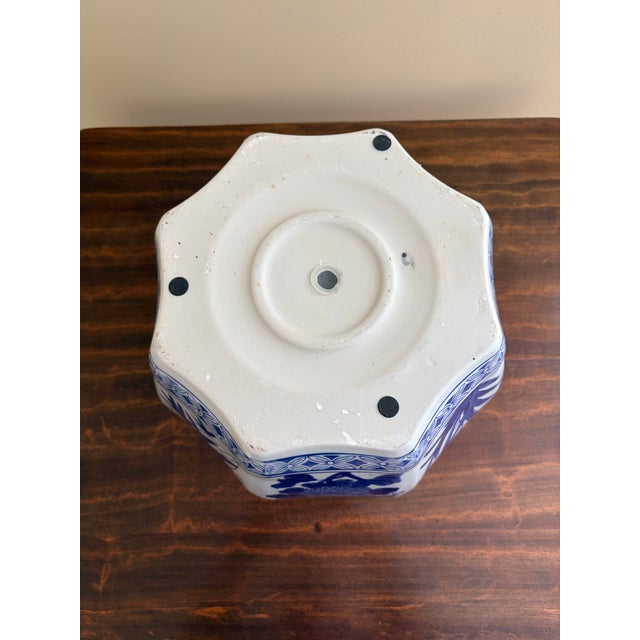 Pair of Blue & White Chinoiserie Porcelain Planters With Scalloped Form For Sale - Image 9 of 9