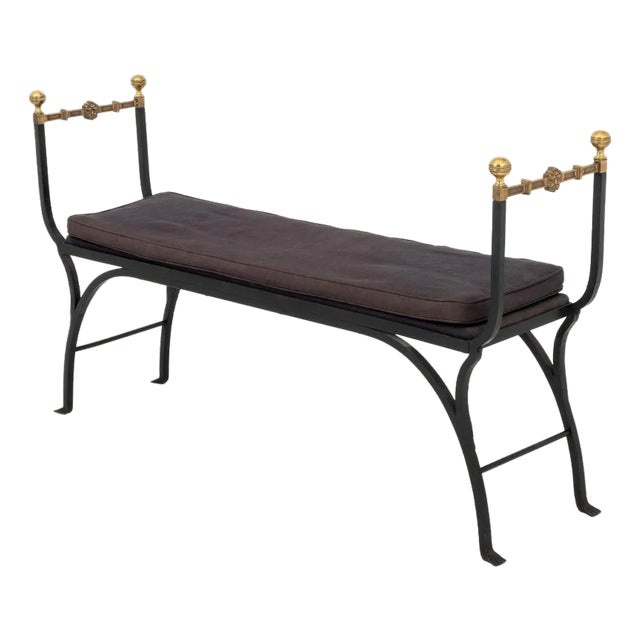 Hollywood Regency Wrought Iron and Brass Bench For Sale