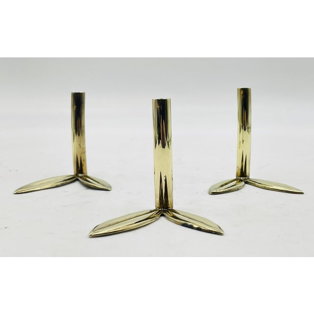 Mexican 1960s Los Castillo Brass Leaf Candle Holders, Set of 3, Mexican Modern Silversmith For Sale - Image 3 of 10
