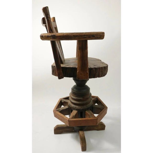 Rustic Wagon Wheel Adirondack Swivel Stools after Old Hickory - A Pair For Sale - Image 11 of 12