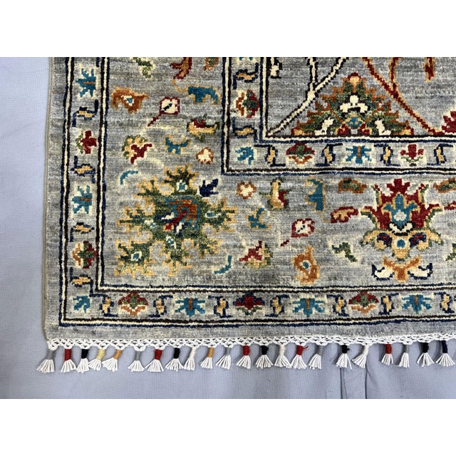 Sultani Pomegranate Floral Wool Rug in Gray, Teal and Burgundy, 5' X 6'9" For Sale - Image 13 of 15