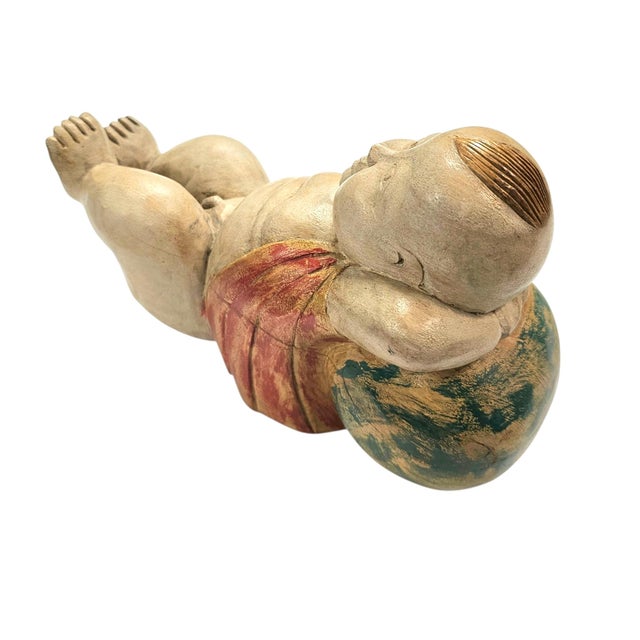 Vintage Chinese Hand-Carved Lucky Baby Sculpture on Melon 10.25" For Sale - Image 4 of 10