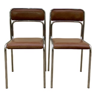A Pair of Bauhaus Chrome Tubular Steel and Brown Faux Leather, Italian Modernist Stackable Dining Chairs, 1980s Design For Sale
