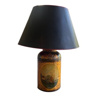 Antique 19th Century English Handpainted Tole Tea Canister With Ship Fashioned a Lamp For Sale