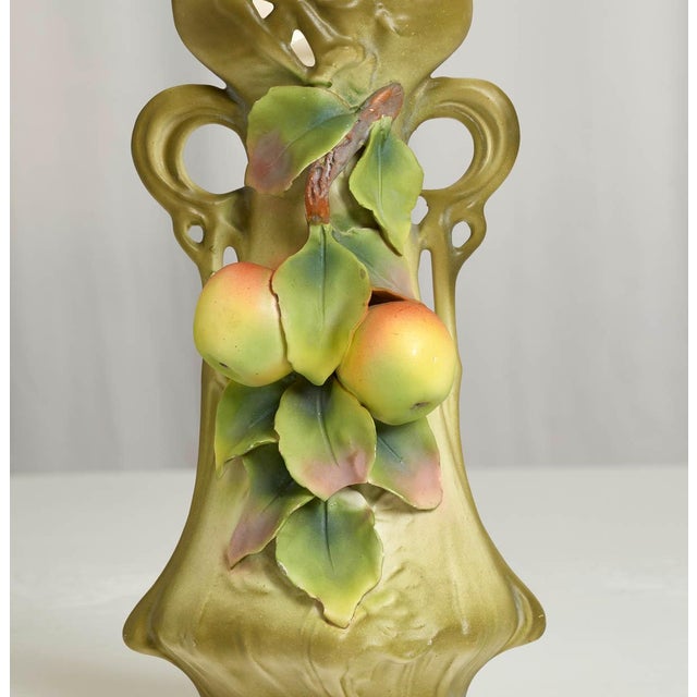 Wonderful Art Nouveau Majolica vase with applied apples. This dates to the late 19th century, early 20th century. From the...