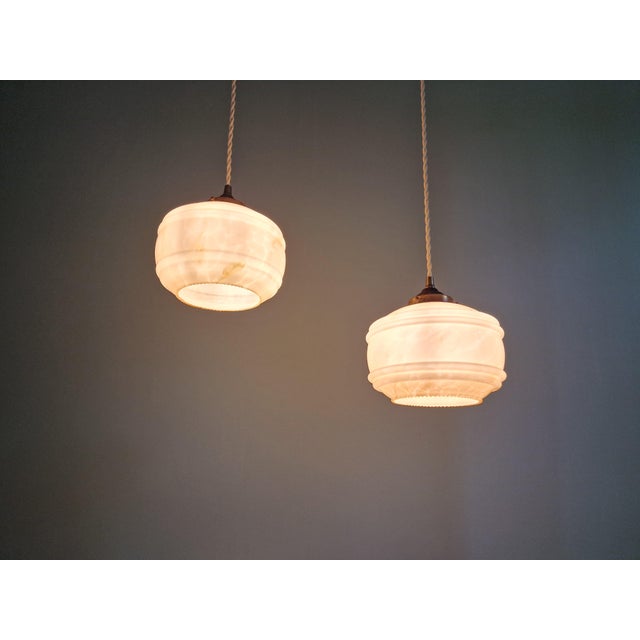 Copper Art Deco Pendant Lights in Pink Marbled Opaline Glass, 1930s, Set of 2 For Sale - Image 8 of 15