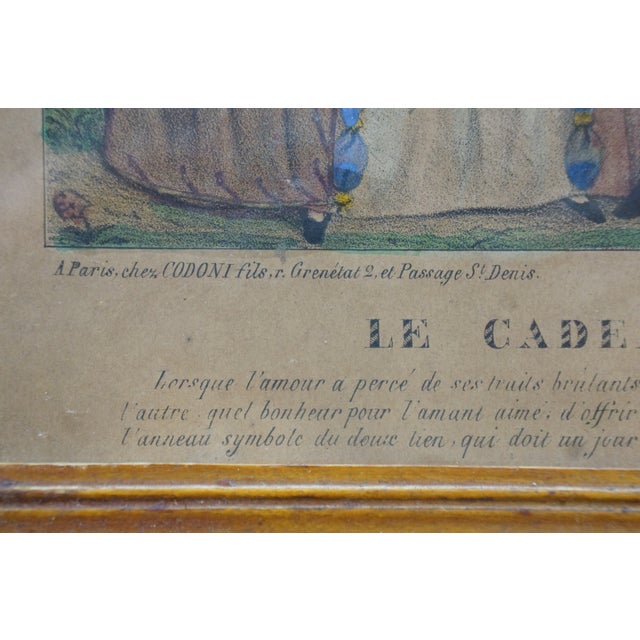 Mid 19th Century Antique French Hand Colored Lithograph 'Le Cadeau' Romance Courting Scene Framed For Sale - Image 5 of 11