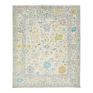 Handmade Contemporary Beige Wool Rug Oushak Style With a Floral Pattern